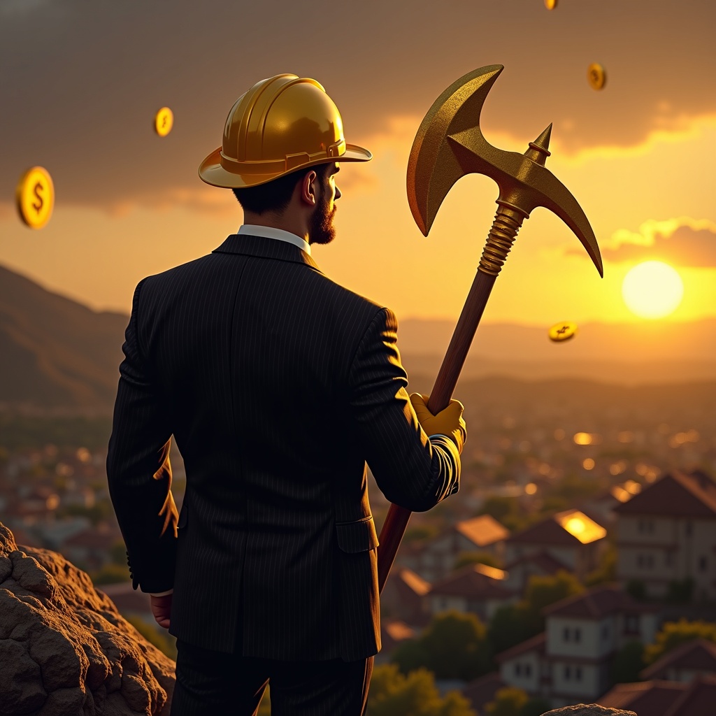 A miner with a pickaxe overlooking a neighborhood of houses topped with cash icons